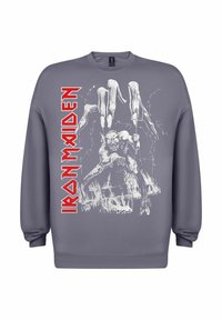 Šedá mikina s bílou grafikou kosterní postavy na popraskaném pozadí, s nápisem "IRON MAIDEN" v tučném červeném písmu na boku.