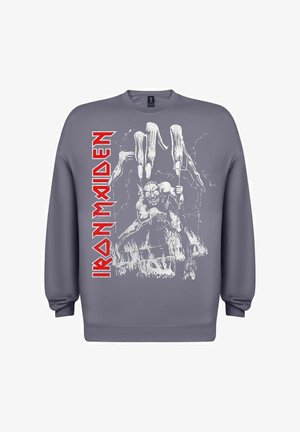 Felpa grigia con una grafica bianca di una figura scheletrica su uno sfondo crepato, con la scritta "IRON MAIDEN" in grassetto rosso sul lato.