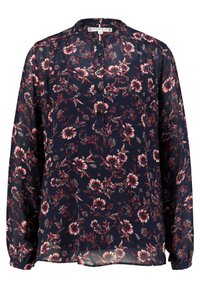 Blusa navy con maniche lunghe, motivo floreale in rosso e bianco, abbottonatura frontale, tessuto leggero con leggero lucido e consistenza morbida.
