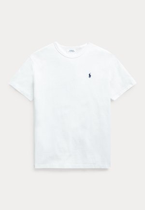 White cotton t-shirt with short sleeves, crew neck, and a small navy logo on the left chest. Smooth texture and classic fit.