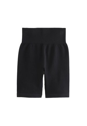 Černé vysoké žebrované pletené kraťasy na kolo s širokým elastickým páskem a délkou do poloviny stehna.