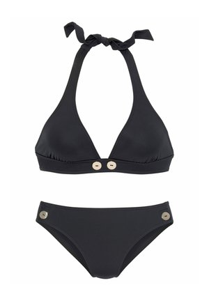 Black two-piece bikini with halter top tied at neck and metal button details on the center and sides of the bottom.