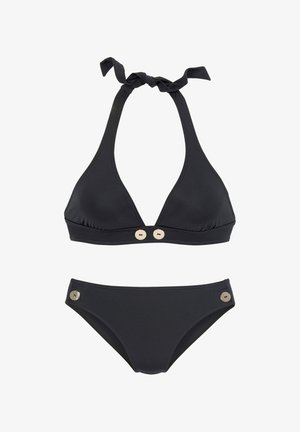 Black two-piece bikini with halter top tied at neck and metal button details on the center and sides of the bottom.