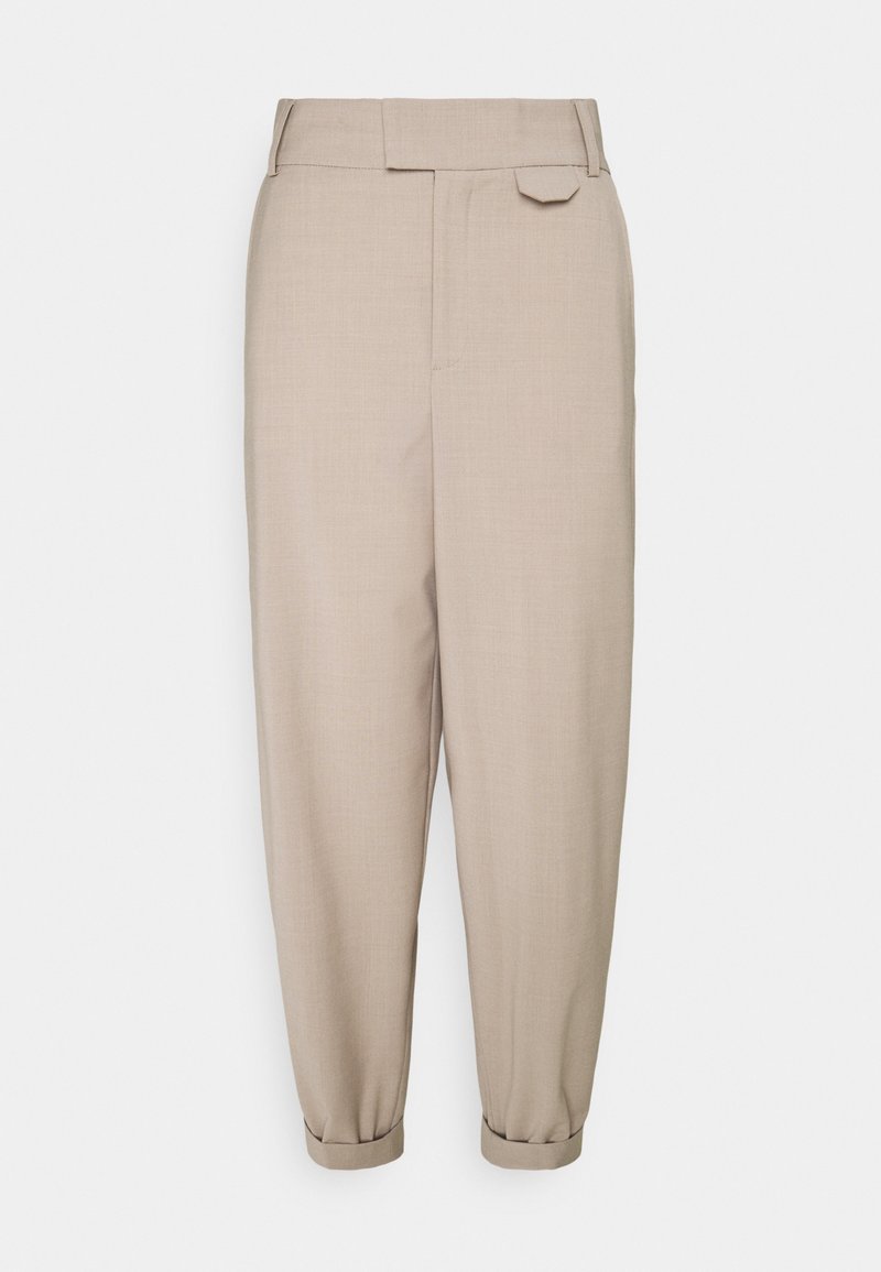 Béžové zúžené kalhoty vyrobené z texturované látky. Mají vysoký pas, přední sklady a úzké nohavice na lemu.