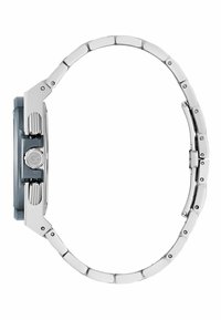 Herrur i rostfritt stål med en grå bezel, rund klockkapsel och länkarmband. Har strukturerade knappar och en polerad yta.