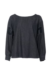 Ciemnoniebieska koszula z długim rękawem z denimu, o szerokim dekolcie, lekko skróconym kroju i haftowanymi zdobieniami na rękawach. Gładka tekstura, luźny krój.