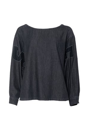 Mørk denim langermet skjorte med bred halslinning, litt kortere nederkant og broderte detaljer på ermene. Glatt tekstur, avslappet passform.