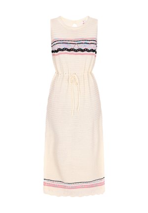 Ärmelloses Strickkleid in Creme mit tailliertem Schnitt und besticktem, mehrfarbigem Band über der Brust und am Saum. Gezackter unterer Rand.