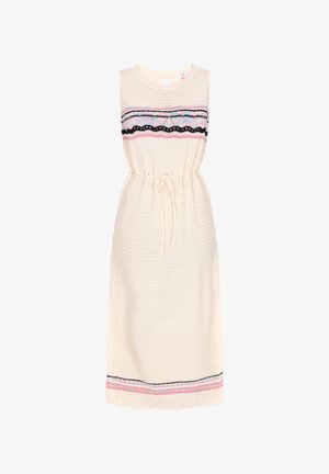Krém színű kötött ruha texturált mintával, színes hímzett övvel a deréknál és állítható megkötővel.
