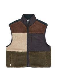 Fleece vest met een patchworkontwerp in bruin, beige, donkergroen en zwart. Textuurstof met een ritssluiting aan de voorkant en een hoge kraag.