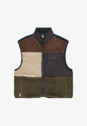 Fleeceväst med ett lapptäcke-design i brunt, beige, mörkgrön och svart. Texturerad tyg med dragkedja framtill och hög krage.