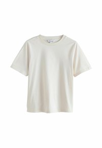 T-shirt de couleur crème, manches courtes, encolure ronde, fabriqué en tissu de coton doux, avec une texture lisse et sans motifs ni accents visibles.
