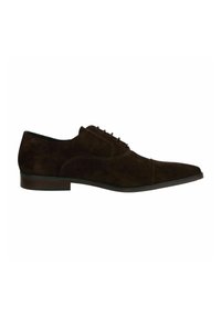 Dark brown suede lace-up shoe with a pointed toe, subtle stitching, and a low, rectangular heel. Smooth texture with a sleek design.