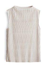 Sleeveless top in light beige with a textured ridged design, featuring a round neckline and straight hem, made from a soft material.