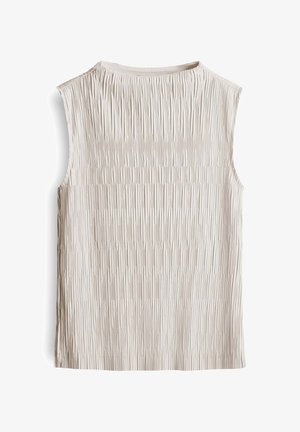 Mouwloos topje in lichtbeige met een gestructureerd ribdesign, met een ronde halslijn en rechte zoom, gemaakt van een zacht materiaal.