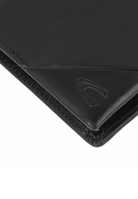 Black leather wallet featuring a folded design, embossed logo, and visible stitching along the edges for durability and structure.