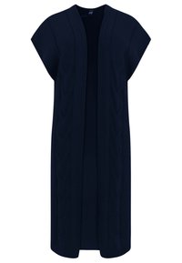 Granatowy dzianinowy kardigan, otwarty z przodu, z krótkimi rękawkami typu cap, zdobiony teksturowanymi wzorami warkoczowymi z przodu i po bokach.