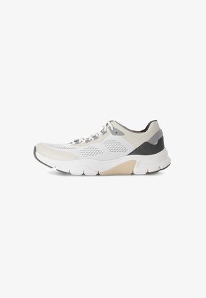 White athletic shoe with mesh upper, gray and beige accents, textured sole, and lace closure; features ventilation and a durable design.
