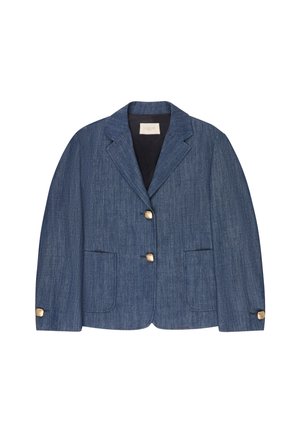 Blazer di denim blu con rever a lancia, due tasche frontali, tre bottoni dorati davanti e sui polsini, e fodera interna nera.