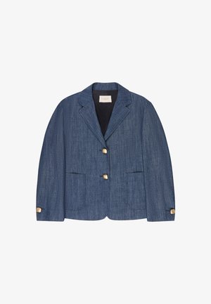 Blauwe denim blazer met notch-revers, twee voorzakken, drie gouden knopen aan de voorkant en op de manchetten, en zwarte voering.