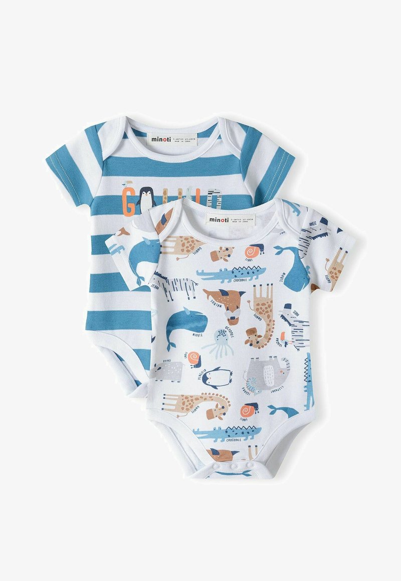 Duok kūdikių bodžių: vienas dryžuotas šviesiai mėlynos ir baltos spalvos, kitas baltas su spalvingais gyvūnų piešiniais. Abu turi trumpas rankoves ir spaudimo užsegimus.