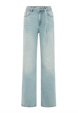 Lichtblauwe wijde spijkerbroek met hoge taille, gemaakt van denim, met een strikceintuur en minimale slijtage voor een nette uitstraling.