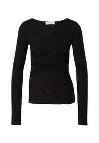 Schwarzes Langarmoberteil mit tiefem V-Ausschnitt, das ein drapiertes Design und ein strukturiertes Gewebe aufweist. Abgerundetem Saum mit asymmetrischen Details.