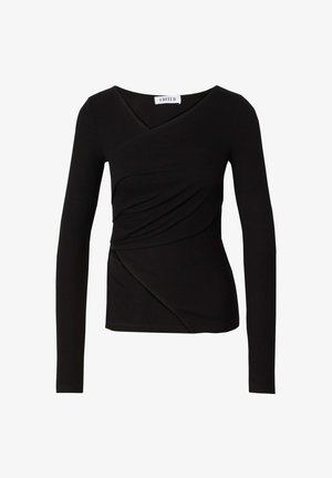 Schwarzes Langarmoberteil mit tiefem V-Ausschnitt, das ein drapiertes Design und ein strukturiertes Gewebe aufweist. Abgerundetem Saum mit asymmetrischen Details.