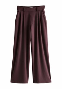 Bourgognevide bukser med vide ben, plisseret front, elastisk linning og glat, let stof. Har dybe sidelommer.