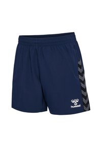 Marineblaue Sportshorts mit einem elastischen Bund, die ein seitliches Chevron-Muster in Schwarz und Grau aufweisen. Mit einem Logo auf der Vorderseite.