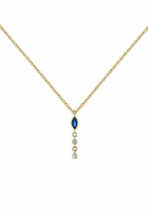 Collar de cadena de oro con una gema azul en corte marquesa y cuatro pequeños cristales transparentes colgando de un delicado diseño de eslabones.