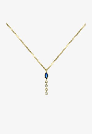 Collar de cadena de oro con una gema azul en corte marquesa y cuatro pequeños cristales transparentes colgando de un delicado diseño de eslabones.