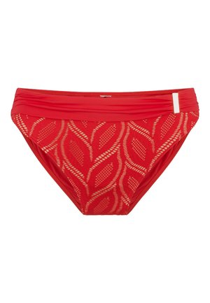 Culotte da bikini rossa con un motivo in rete testurizzata che presenta motivi a foglia, una vita liscia e un piccolo dettaglio metallico.