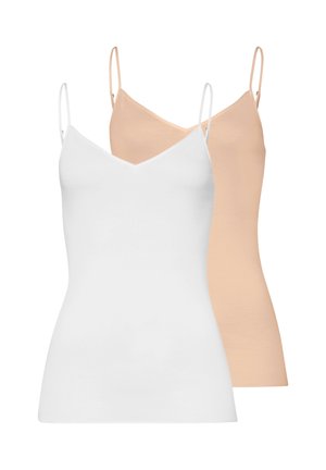 Dwa gładkie topy na ramiączkach z cienkimi, regulowanymi paskami, jeden biały z przodu, drugi beżowy z tyłu, na prostym białym tle.