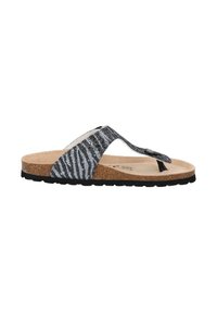Zwart en zilver zebra print flip-flop sandaal met een kurken voetbed, zwarte rubberen zool en een teenpost ontwerp. Platte en casual stijl.