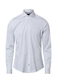 Camicia a maniche lunghe in tessuto azzurro chiaro con un motivo geometrico ripetuto in tonalit�à più scure. Colletto con bottoni e bottoni frontali.