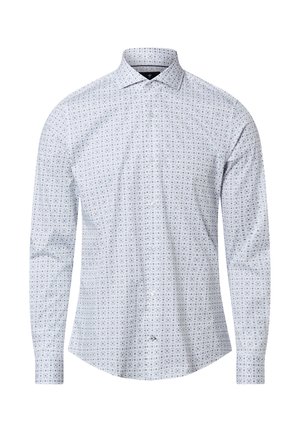 Koszula z długim rękawem w jasnoniebieskim materiale z powtarzającym się geometrycznym wzorem w ciemniejszych odcieniach. Kołnierzyk na guziki i guziki z przodu.