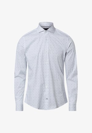 Koszula z długim rękawem w jasnoniebieskim materiale z powtarzającym się geometrycznym wzorem w ciemniejszych odcieniach. Kołnierzyk na guziki i guziki z przodu.