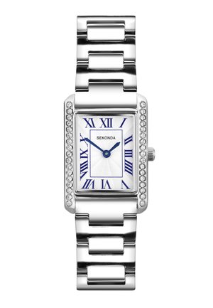 Rechteckige silberne Armbanduhr mit mit Kristallen besetzter Lünette, weißem Zifferblatt, blauen römischen Zahlen sowie blauen Stunden- und Minutenzeigern, Markenname Sekonda.