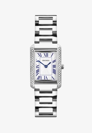 Rectangular silver wristwatch with crystal-studded bezel, white dial, blue Roman numerals, and blue hour and minute hands, brand name Sekonda.