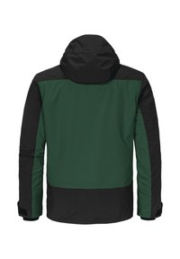 Herren Regenjacke mit schwarzer Kapuze und schwarzen Ärmeln; grüner Torso; mit verstellbaren Bündchen und geradem Schnitt.