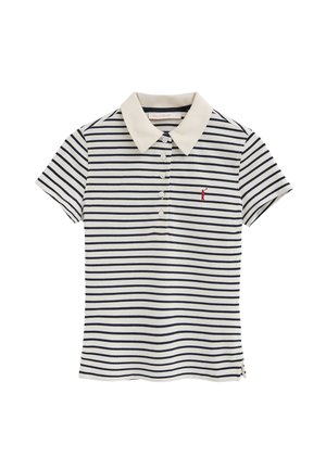 Kurzärmeliges weißes Polohemd mit navyblauen horizontalen Streifen, weißem Kragen, Knöpfen und einer kleinen rot gestickten Figur auf der Brust.