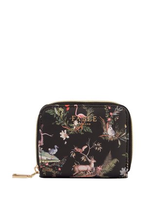Floral-printed black wallet with gold zipper. Features diverse animal and plant motifs, compact square design, and logo in gold lettering.
