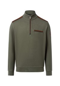 Grüner, strukturiert Pullover mit einem halben Reißverschluss am Kragen, mit braunen Lederakzenten an den Schultern und der Brusttasche sowie gerippten Bündchen.