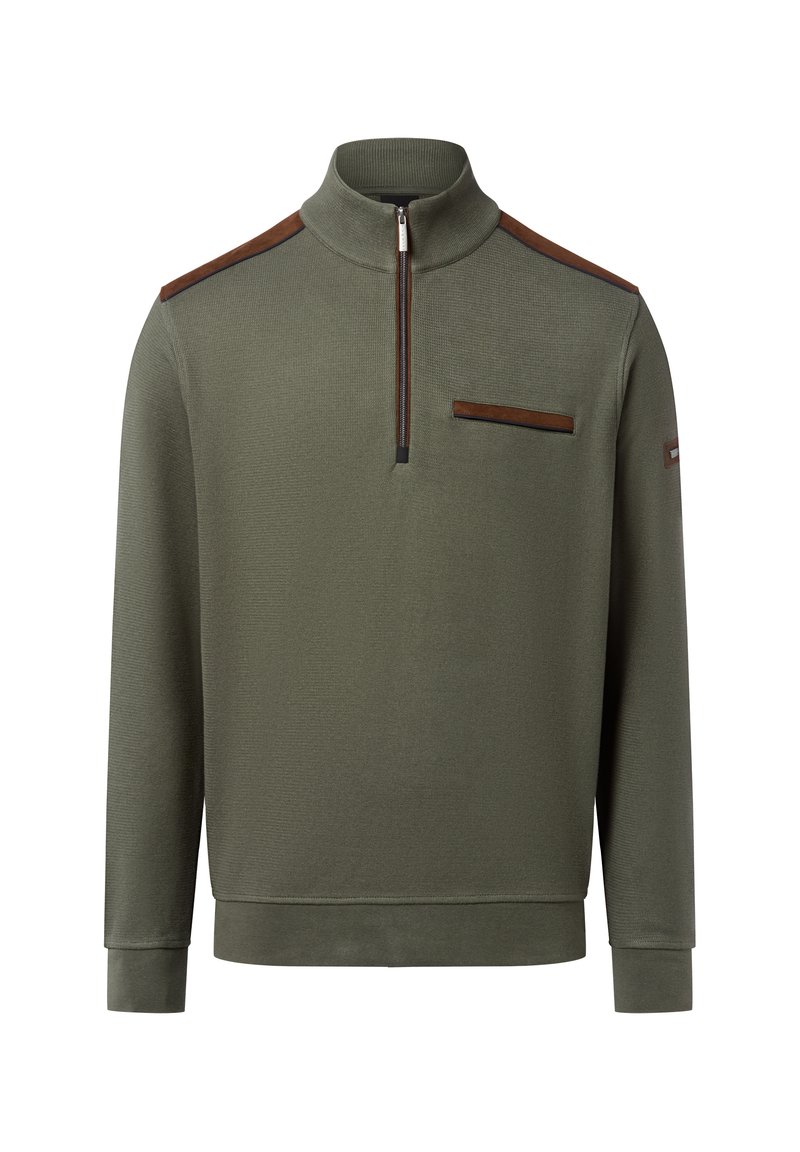Grüner, strukturiert Pullover mit einem halben Reißverschluss am Kragen, mit braunen Lederakzenten an den Schultern und der Brusttasche sowie gerippten Bündchen.