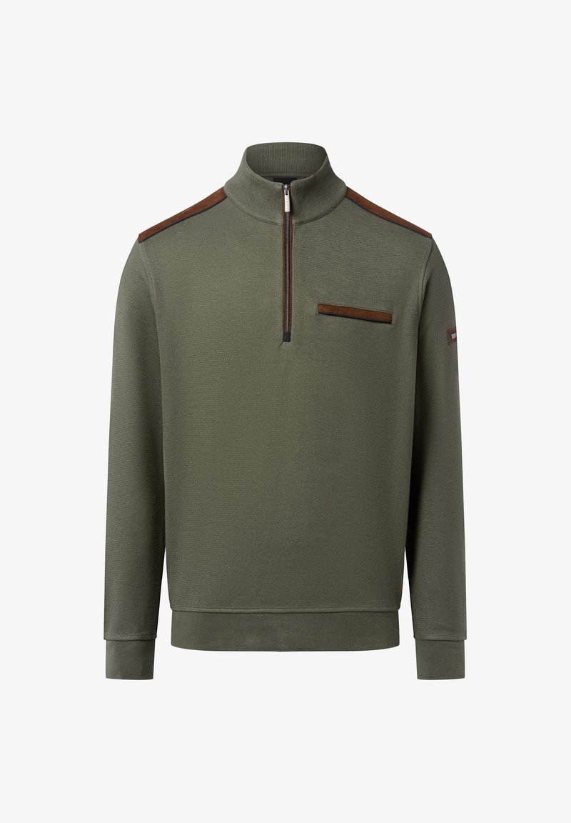 Zielony, teksturowany sweter z półzapinanym kołnierzem, z brązowymi skórzanymi akcentami na ramionach i kieszeni na piersi oraz prążkowanymi mankietami.