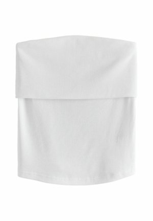 Weißes, geripptes Stoff-Tubetop mit einem umgeschlagenen Bündchen am oberen Rand, als trägerloses Kleidungsstück entworfen.