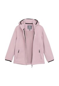 Giacca softshell rosa con cappuccio, bordo in contrasto nero, due tasche laterali con cerniera e cerniera frontale completa. Interno foderato in pile.