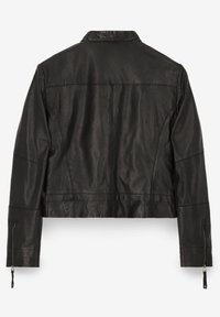 Svart läderjacka med långa ärmar och dragkedjestängda mudd, visad bakifrån mot en enfärgad vit bakgrund.