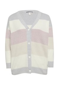 Gestreifter Strickcardigan mit V-Ausschnitt in Grau, Creme und Hellrosa, fünf Knöpfen vorne und gerippter Textur.